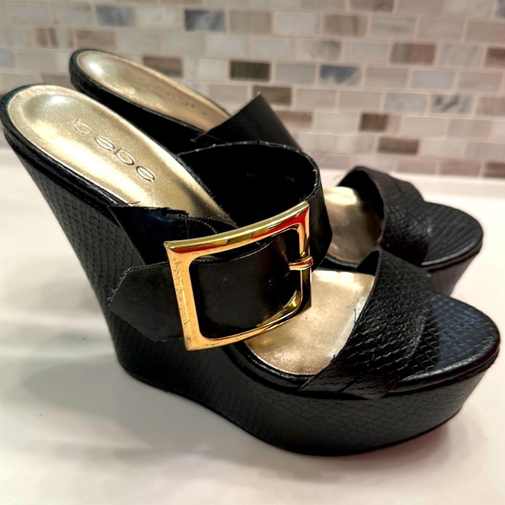 Bebe Black 5.50” Tall Wedges Size 6